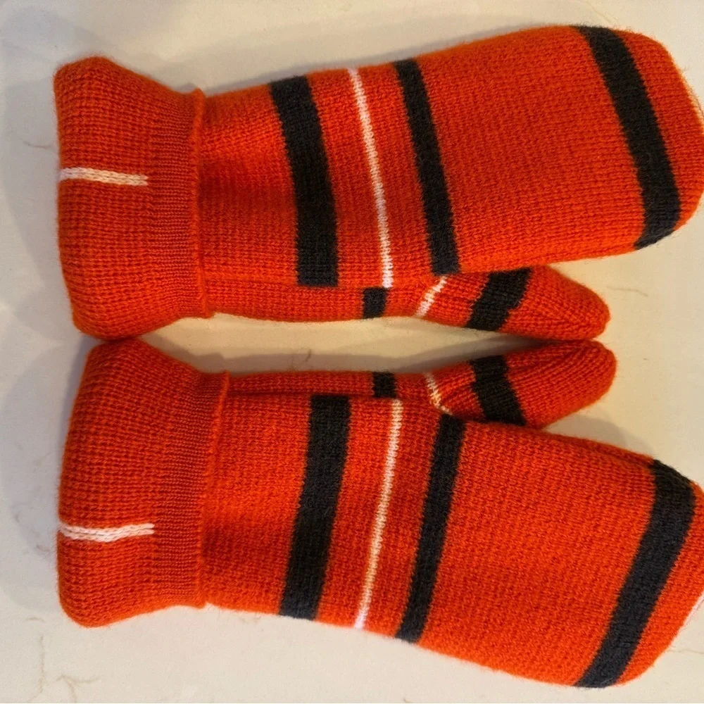 Hand Crafted Red/Orange and Black Fleece Lined Mitten Winter Holiday OS